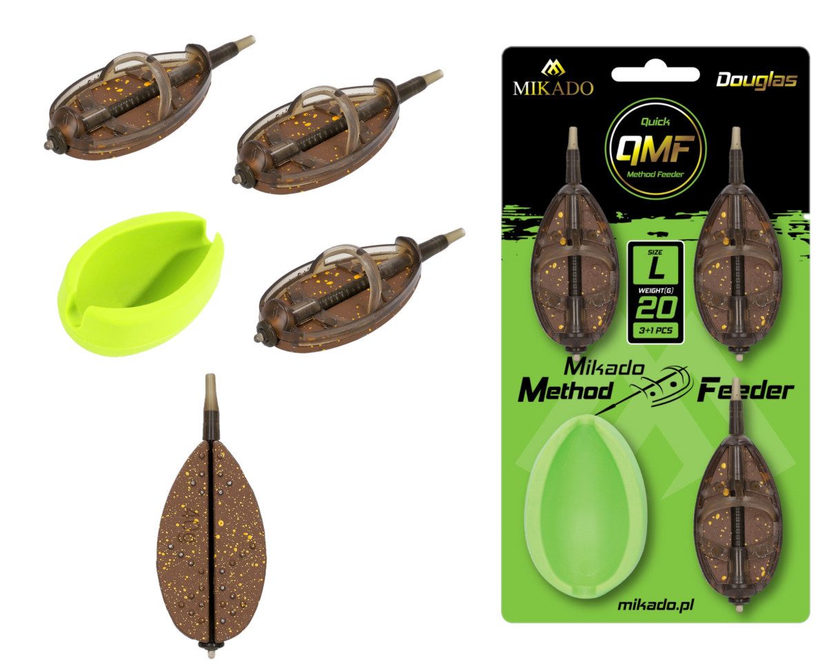 MIKADO Total Fishing Feederkorb Method Feeder DOUGLAS Q.M.F SYSTEM SET Größe L 20+30+40g + FEEDER FORM, (Spar-Set, 4-St), Austauschbar, Verbesserte gerippte Konstruktion, aerodynamische Form