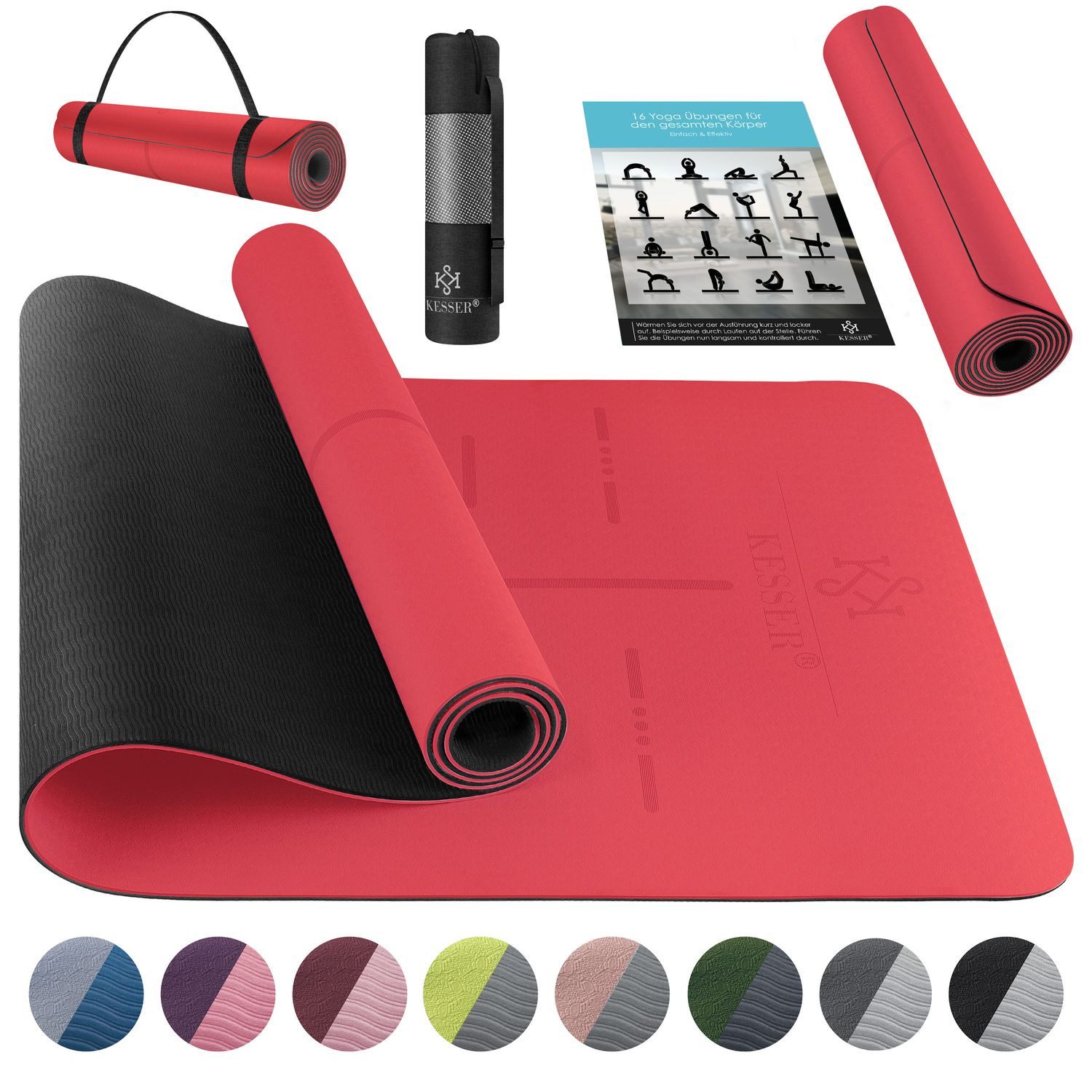 KESSER Yogamatte, Gymnastikmatte + Tragegurt rutschfest TPE Yogamatte gepolstert