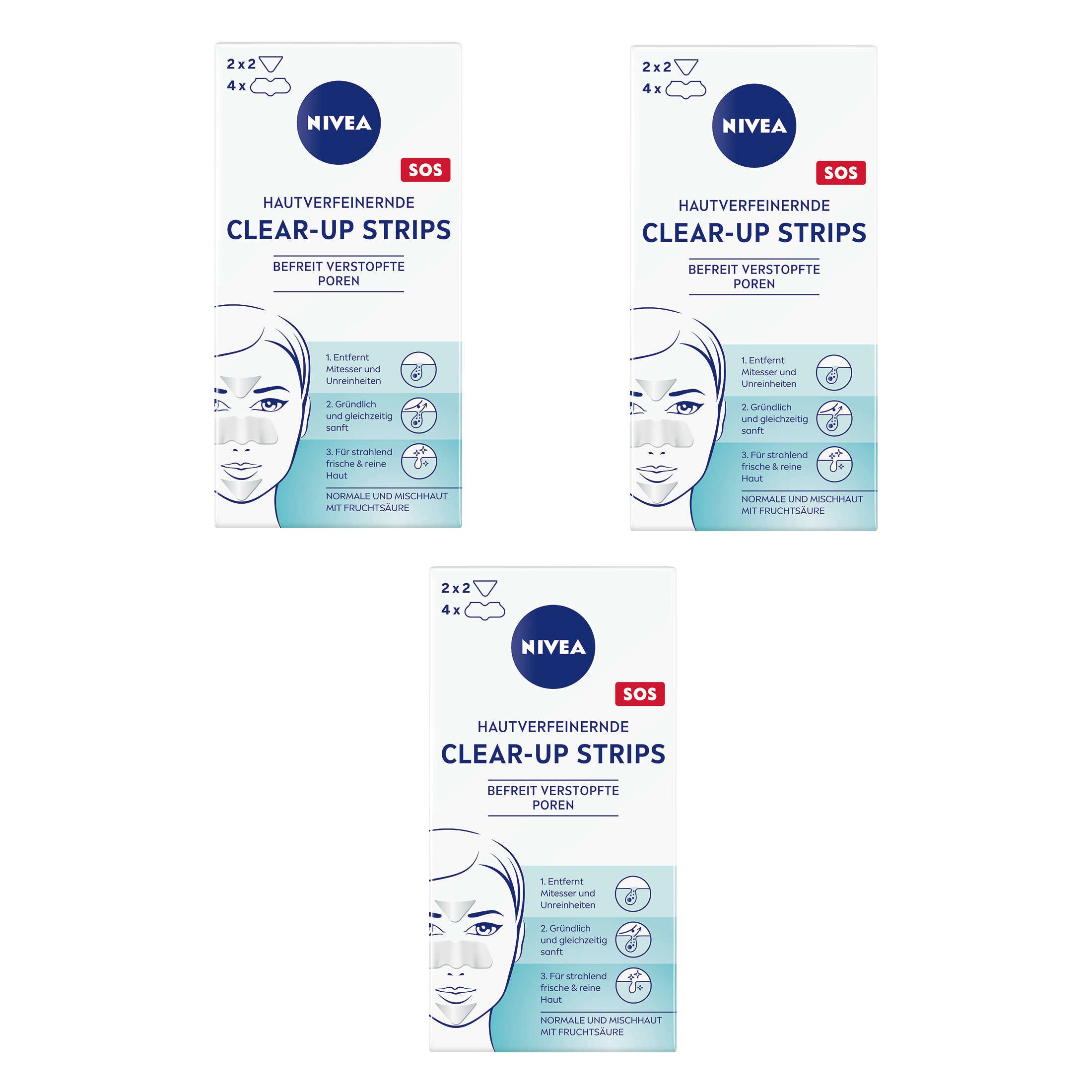 Nivea Gesichtsreinigungstücher Clear-up Strips hautverfeinernd entfernt Mitesser sanft 3 x 6 Strips, 18-tlg., Fruchtsäure