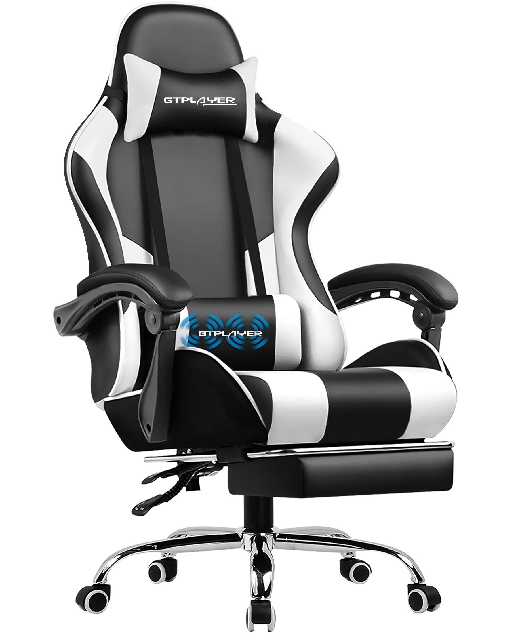 GTPLAYER Gaming-Stuhl mit Fußstütze und Massage-Lendenkissen Bürostuhl Zocker Stuhl, mit Verbindungsarmlehnen bis 120kg belastbar, Hohe Rückenlehne