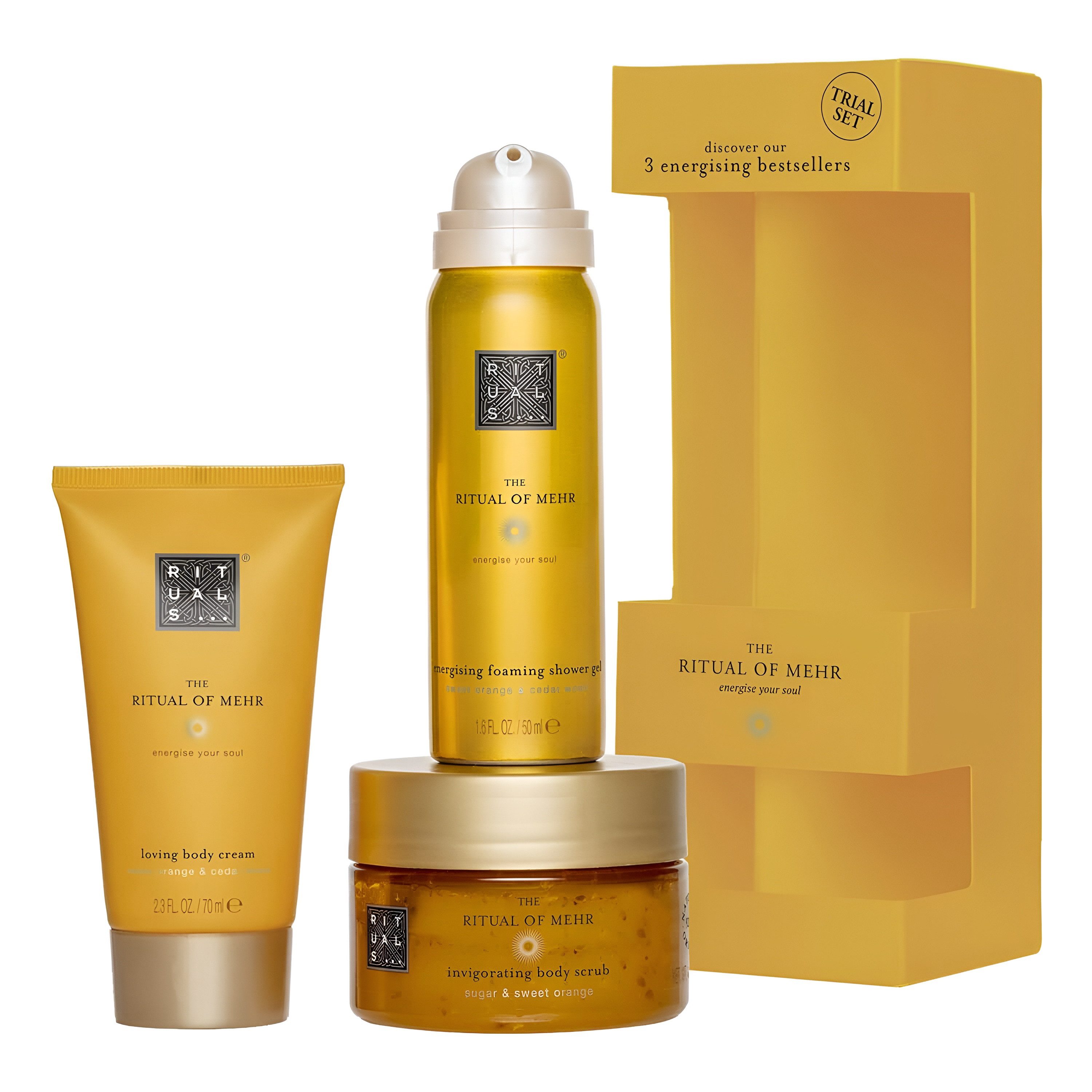 Rituals Pflege-Geschenkset The Ritual of Mehr Try Me Set Bad & Körper Geschenkset Pflegeset für Energie & Erfrischung., 3-tlg., Belebendes Pflege-Set mit Orange & Zedernholz.