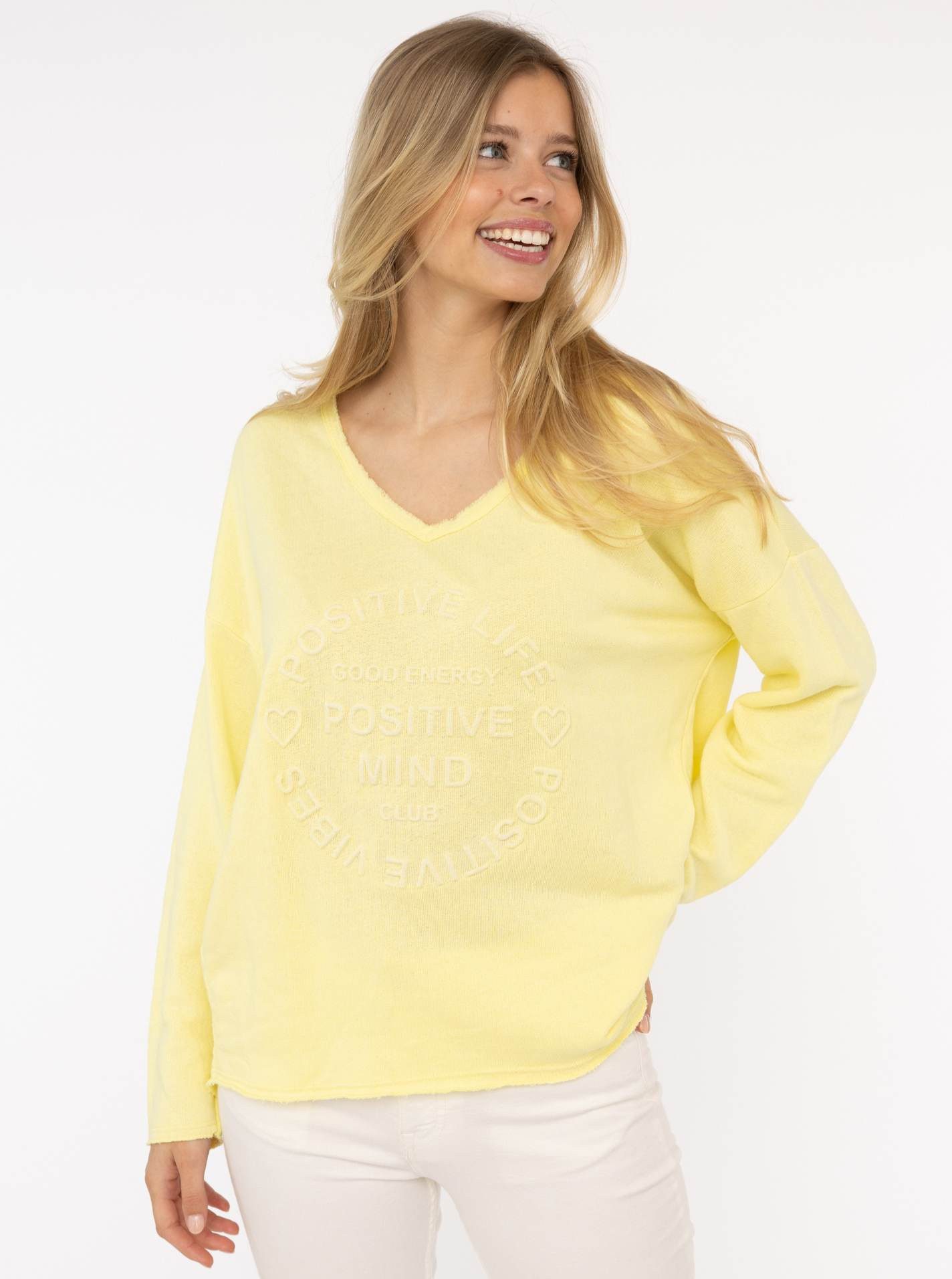 Zwillingsherz Sweatshirt "Positive Mind" Mit V-Ausschnitt im Used Look und Stempeldruck