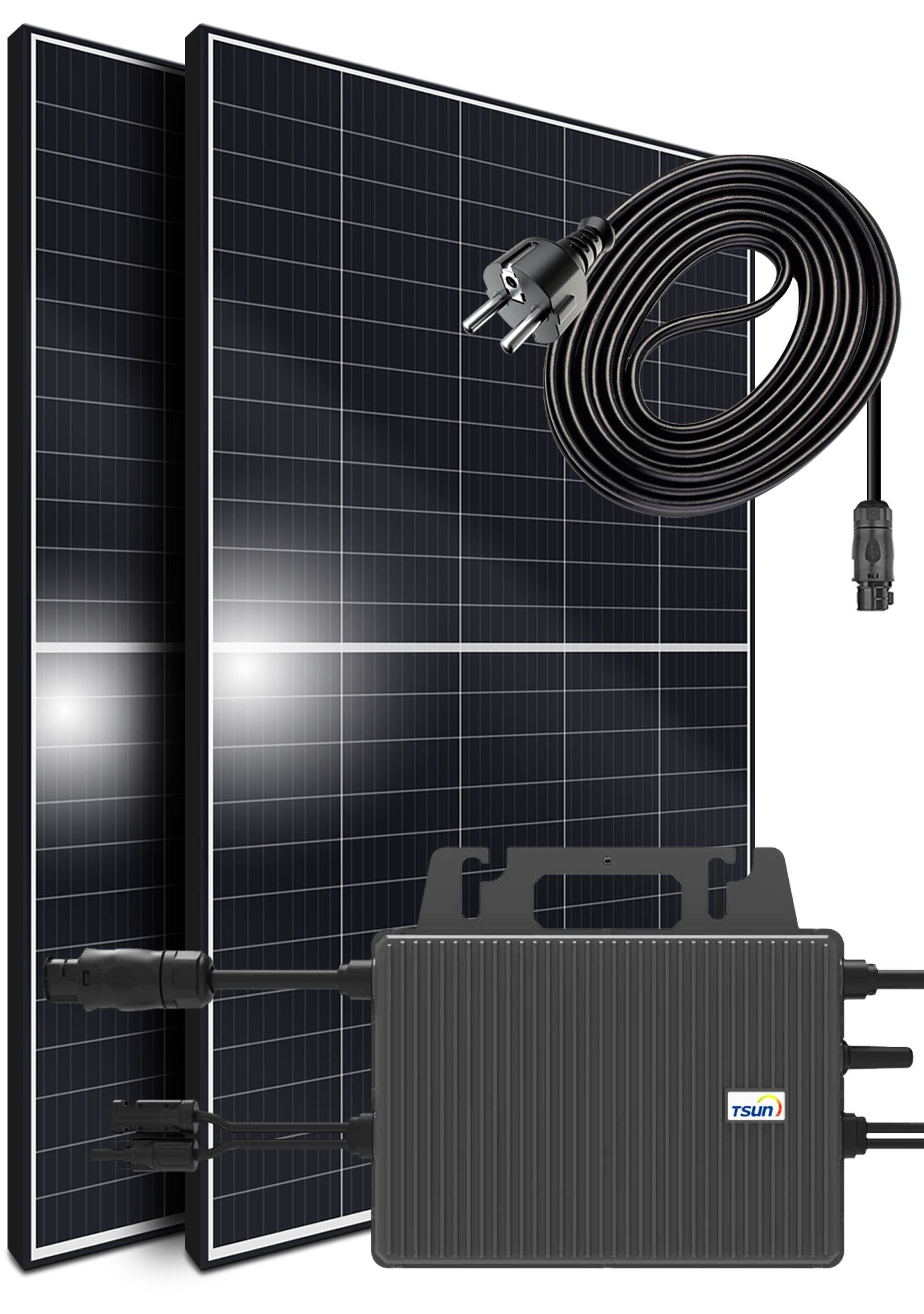 SUNNIVA Balkonkraftwerk 850W/800W komplett Steckdose, (TSUN 800W Wechselrichter - PV Solaranlage Komplettset - 2x 425W Solarmodule - inkl. 5m Kabel - Bluetooth WIFI)