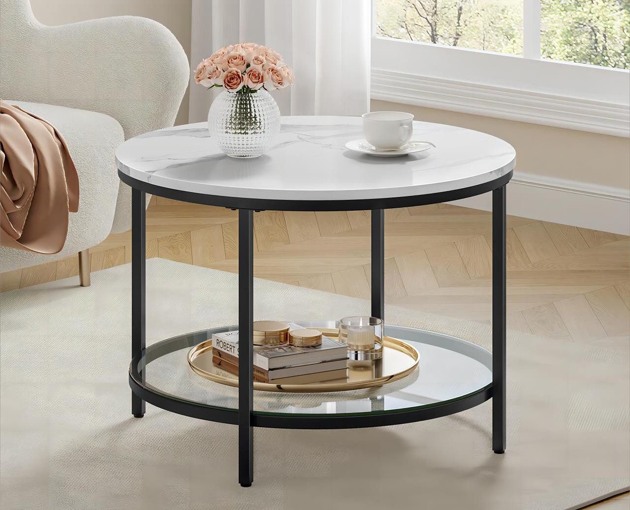 VASAGLE Couchtisch, Beistelltisch, Ø 65/80 x 46cm, Marmoroptik, Hartglasablage unten