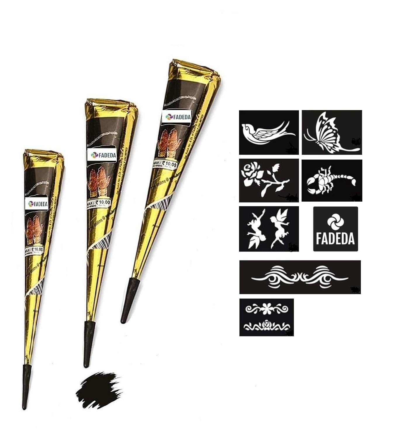 FADEDA Strass-Tattoo 11x FADEDA Natural 3x Henna Paste KEGEL 75 g CONES + 8x Sticker, 11er SET, VEGAN, HALAL, 100% Bio