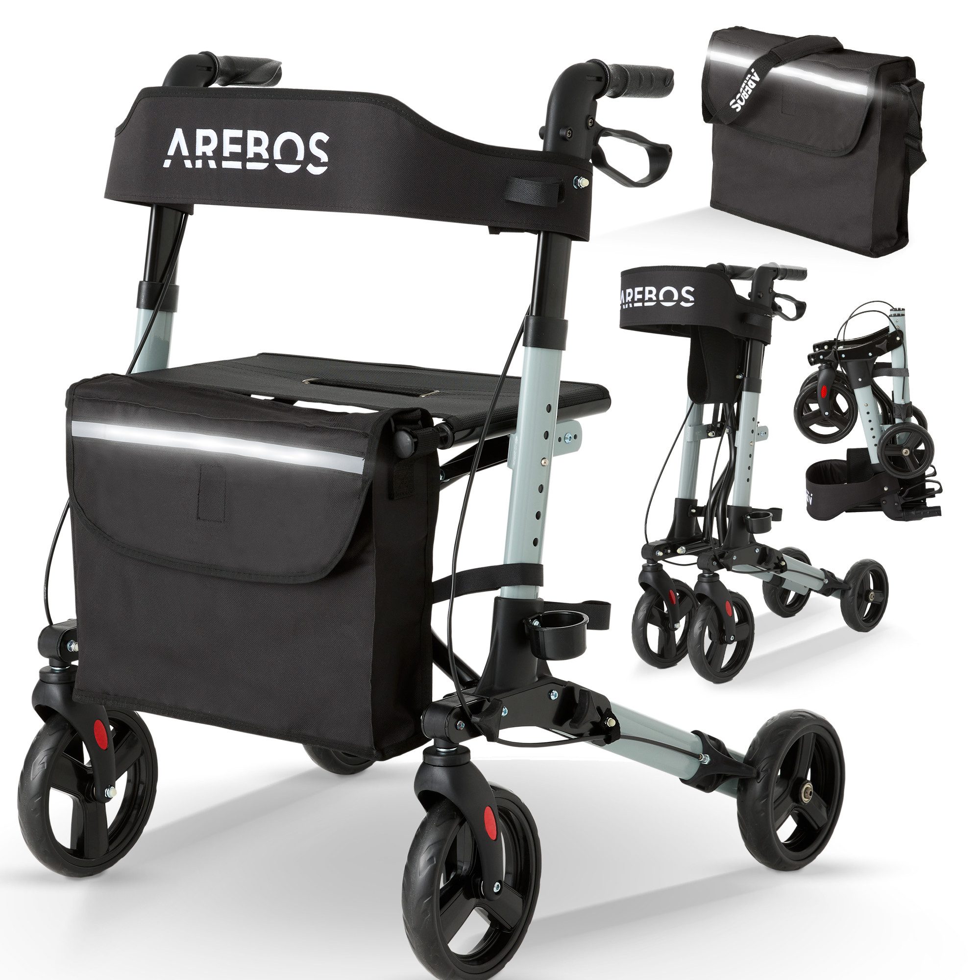 Arebos Rollator Aluminium, 6-fach höhenverstellbar, bequeme Sitzfläche, Stockhalter
