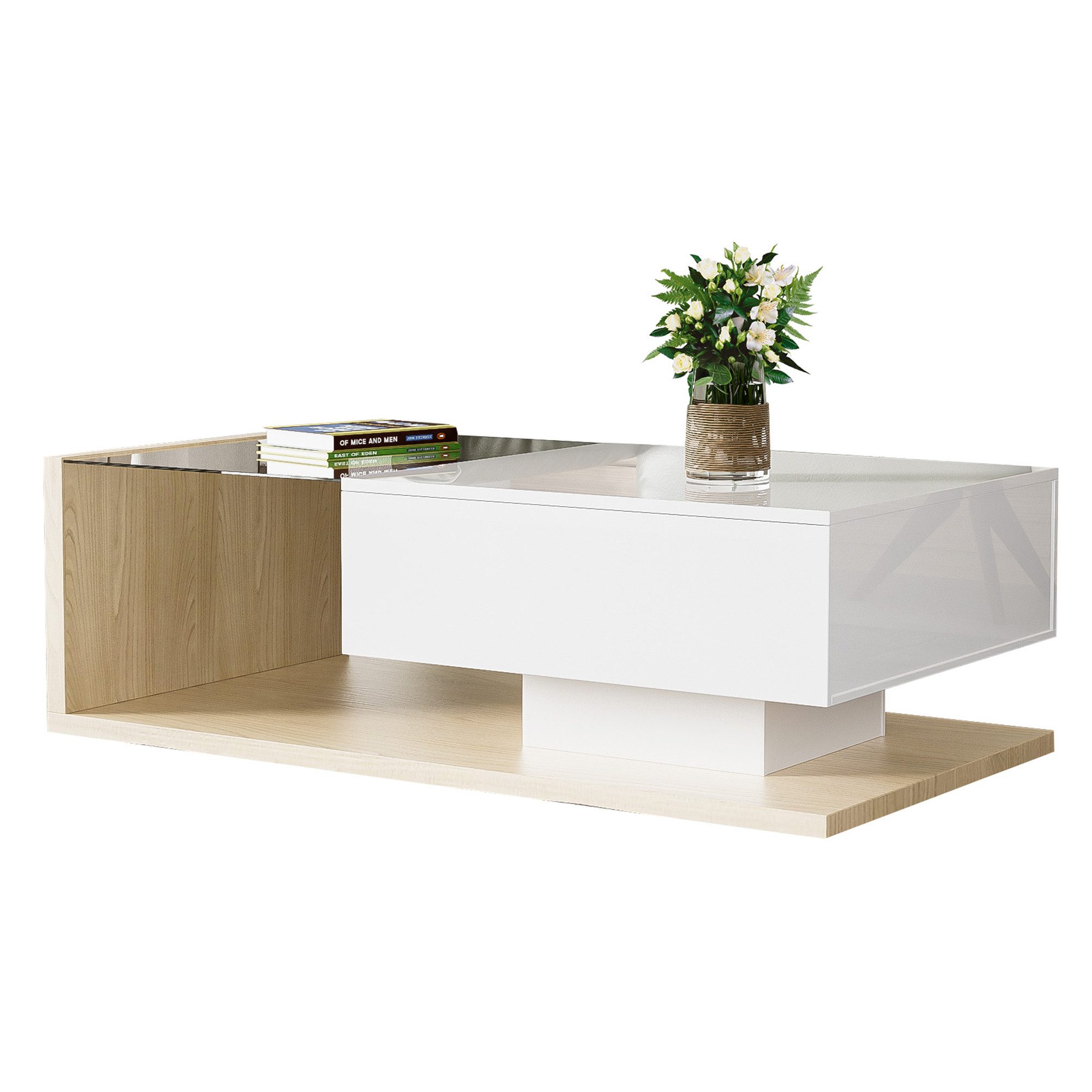 Merax Couchtisch mit Schublade und Glastischplatte, Beistelltisch hochglanz mit LED, Wohnzimmertisch, Kaffeetisch