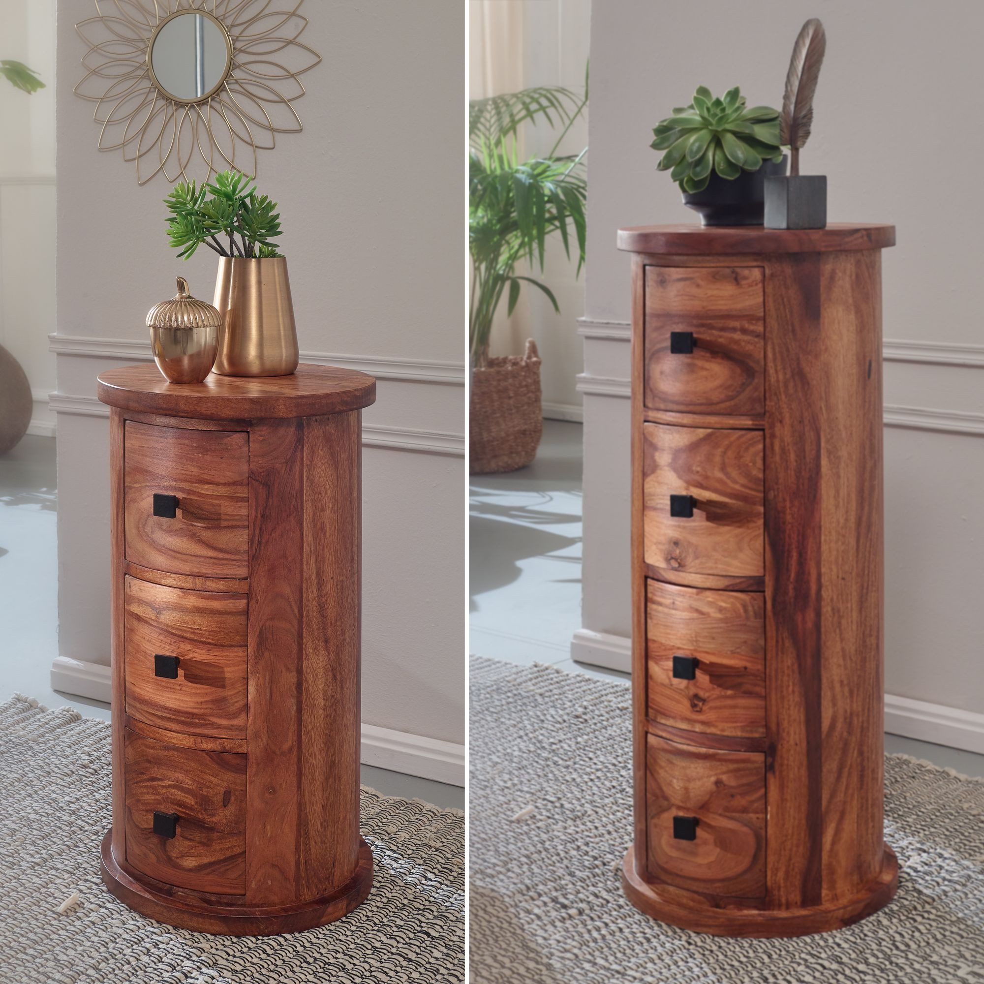 FINEBUY Schubkastenkommode FB22631 (Massivholz 35x65x35 cm Rund Modern), Schränkchen mit 3 Schubladen, Beistellschrank
