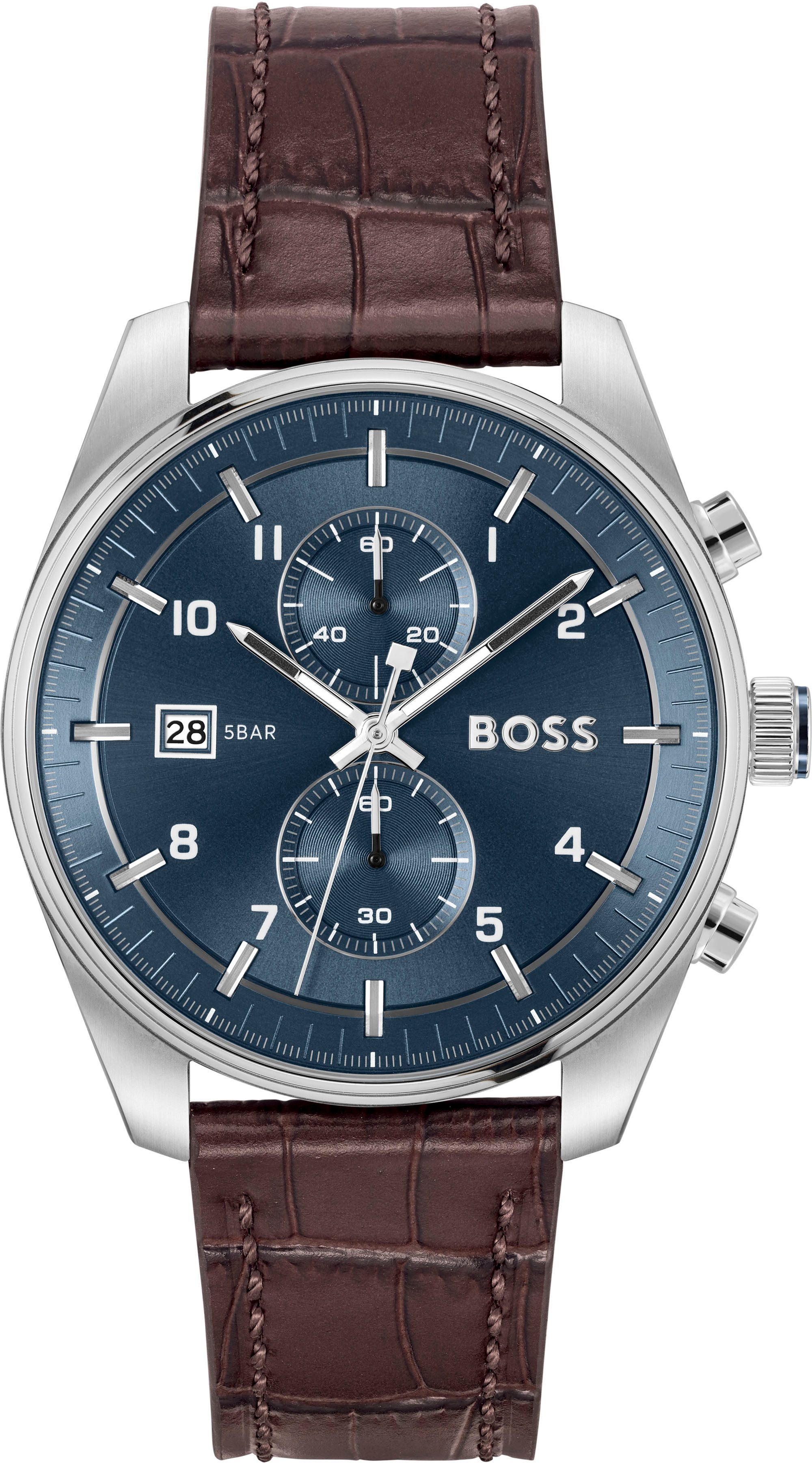 BOSS Chronograph SKYTRAVELLER 1514194, Quarzuhr, Armbanduhr, Herrenuhr, Lederarmband, analog, Tag