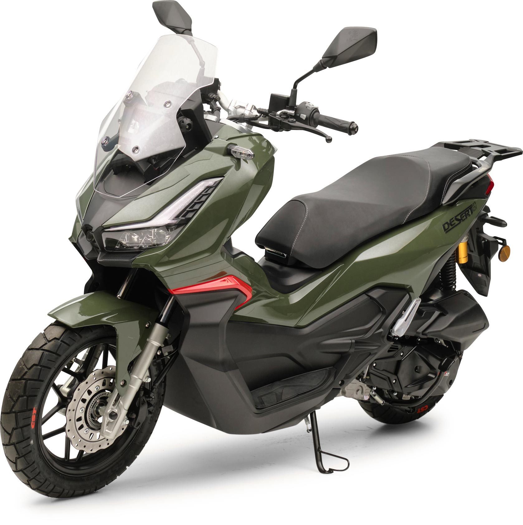 Burnout Motorroller Desert ADV Grün - Sparsamer Euro 5 Roller für Stadt und Land, 125 ccm, 99 km/h, Euro 5, LED Beleuchtung, Digitales 7 Zoll TFT Tacho, Windschild verstellbar