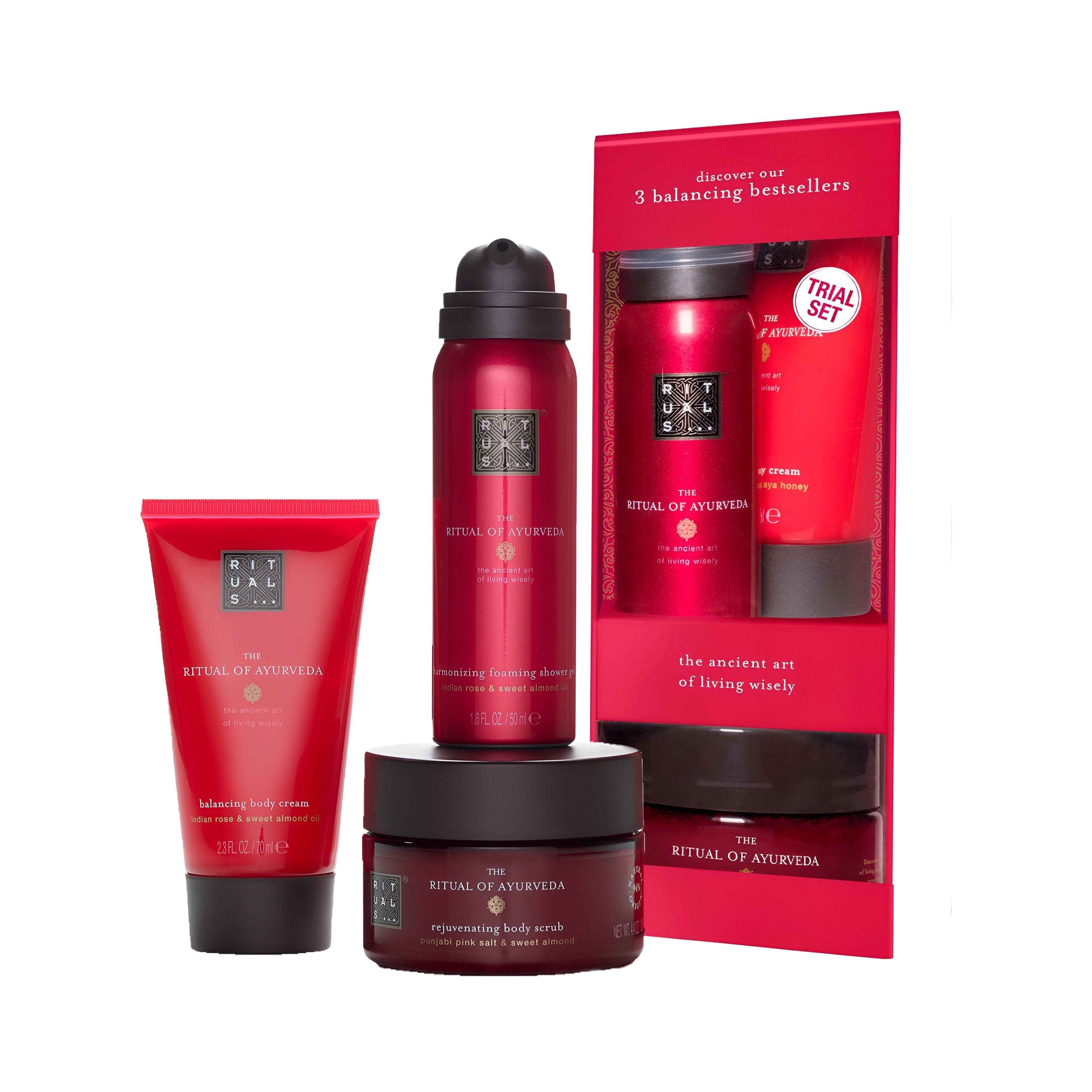 Rituals Pflege-Geschenkset The Ritual of Ayurveda Geschenkset Try Me Duschschaum, Peeling & Creme Pflegeset für Körper & Haut., 3-tlg., Pflegeset mit Indischer Rose & Süßmandelöl für Harmonie.