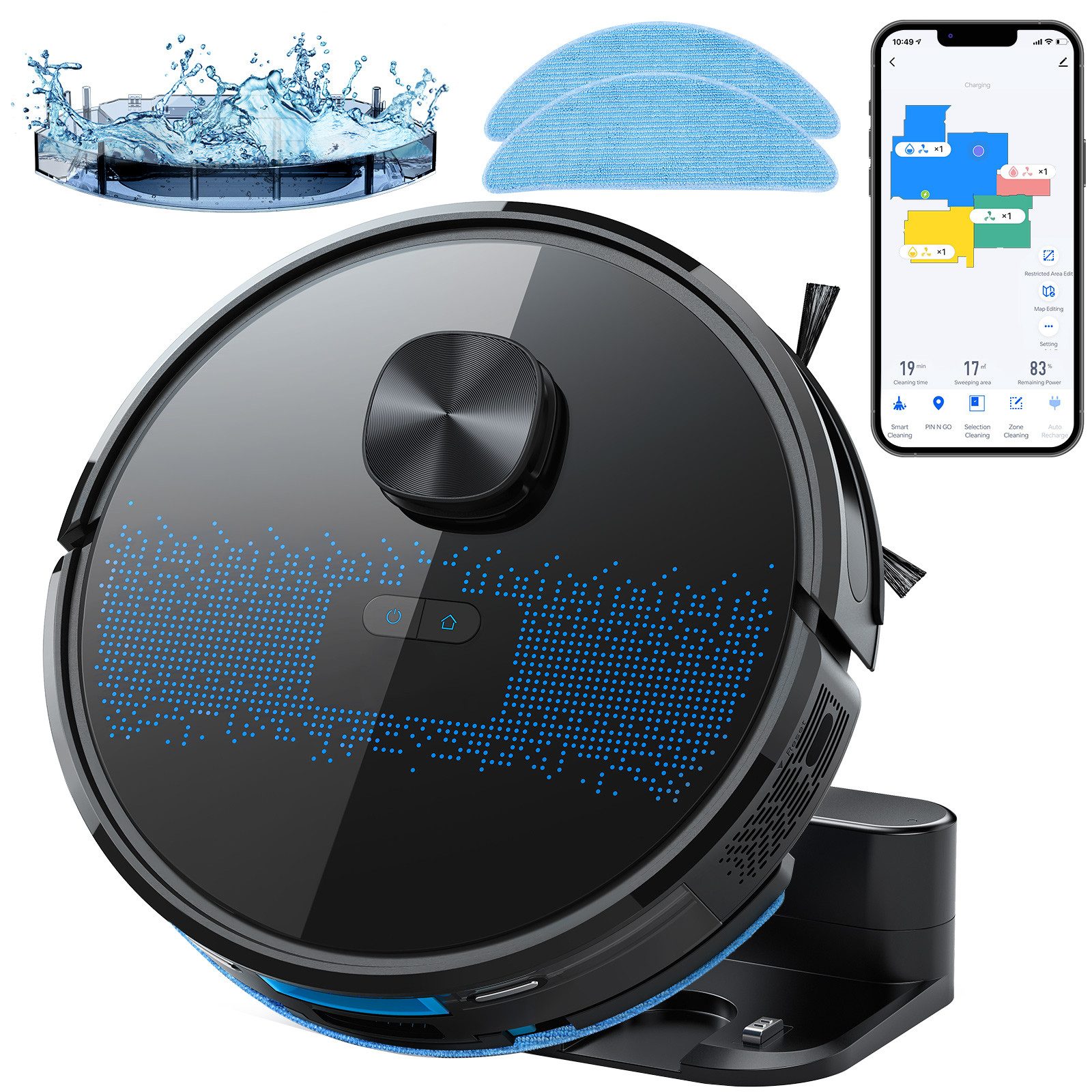 oyajia Nass-Trocken-Saugroboter LDS 9.0 LiDAR Lasernavigation mit Wischfunktion 4000Pa, 42 W, beutellos, 10 No-Go-Zonen
