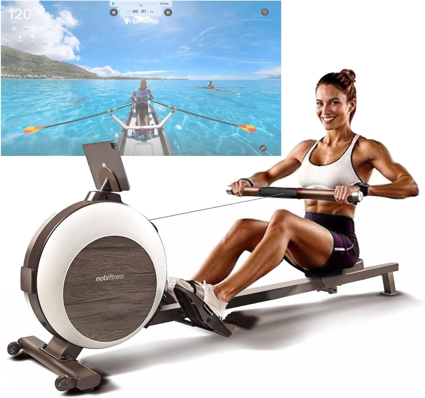 Mobifitness Rudergerät Luka Magnetisches Rudergerät für den Heimgebrauch (Spitzenwiderstand 45kg, Maximale Belastbarkeit von 120KG), Smart Knob 40 geräuschlose Widerstandsstufen Vertikale Aufbewahrung