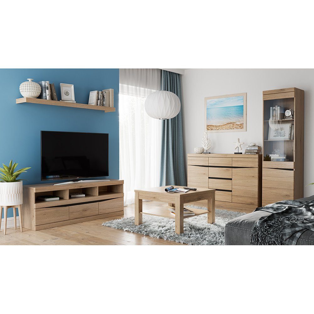 Lomadox Wohnzimmer-Set SANFORD-129, (Mega-Spar-Set, 5-St., 5-tlg), San Remo Eiche hell Nb., TV Wand, Couchtisch, Sideboard, Vitrine