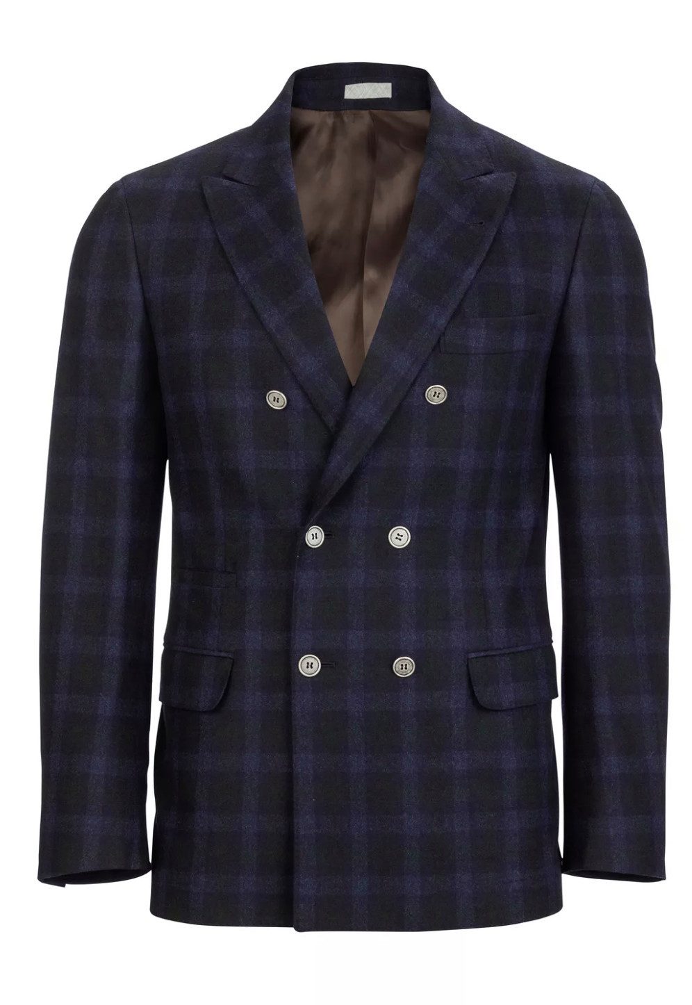 BRUNELLO CUCINELLI Sakko Doppelreihige Blazer Jacke Karo Muster, Rückenschlitze, Knöpfe mit Gravur, Satin Innenfutter