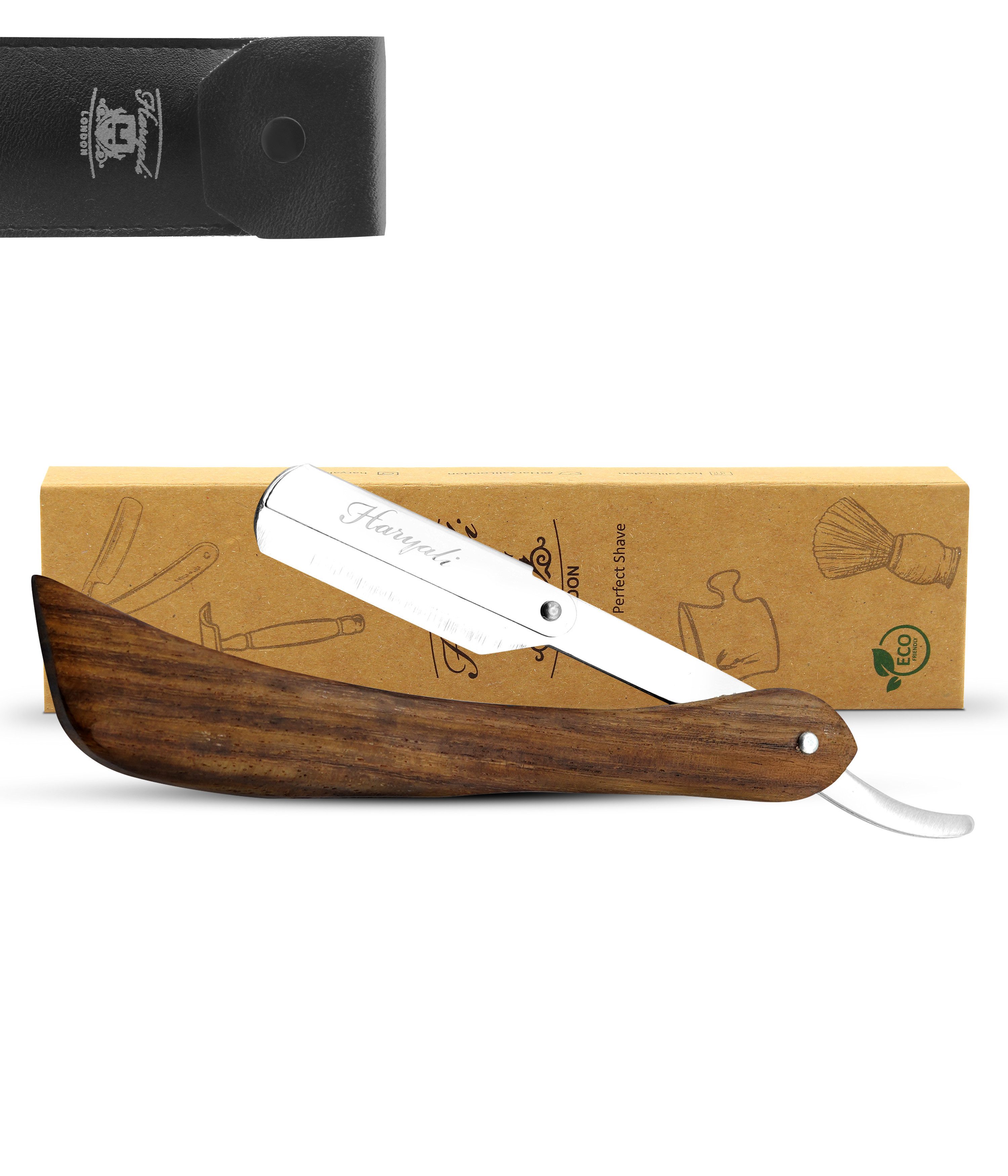 Haryali London Rasiermesser Premium Rasierer, Shavette, Holzrasierer, ergonomisch, pack, Rasierapparat mit Klinge und Holzoberfläche., Abwaschbarer, rutschfester Griff. Passend für alle Rasierklingen.