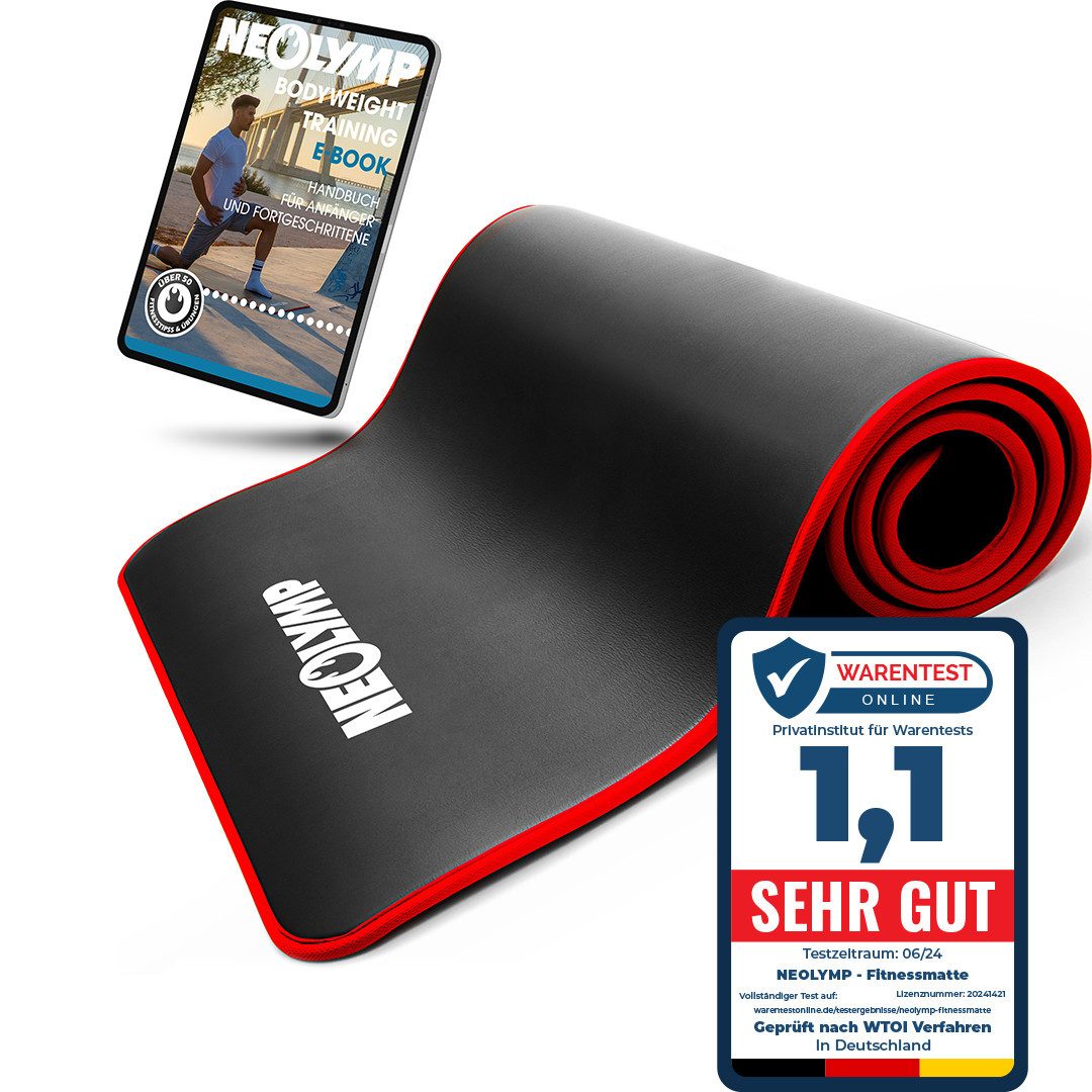 NEOLYMP Fitnessmatte Fitnessmatte 61cm breit – extra dick und rutschfest (Sportmatte mit Tragegurt), rutschfest, gelenkschonend, schalldämpfend, langlebig, Stoffkanten