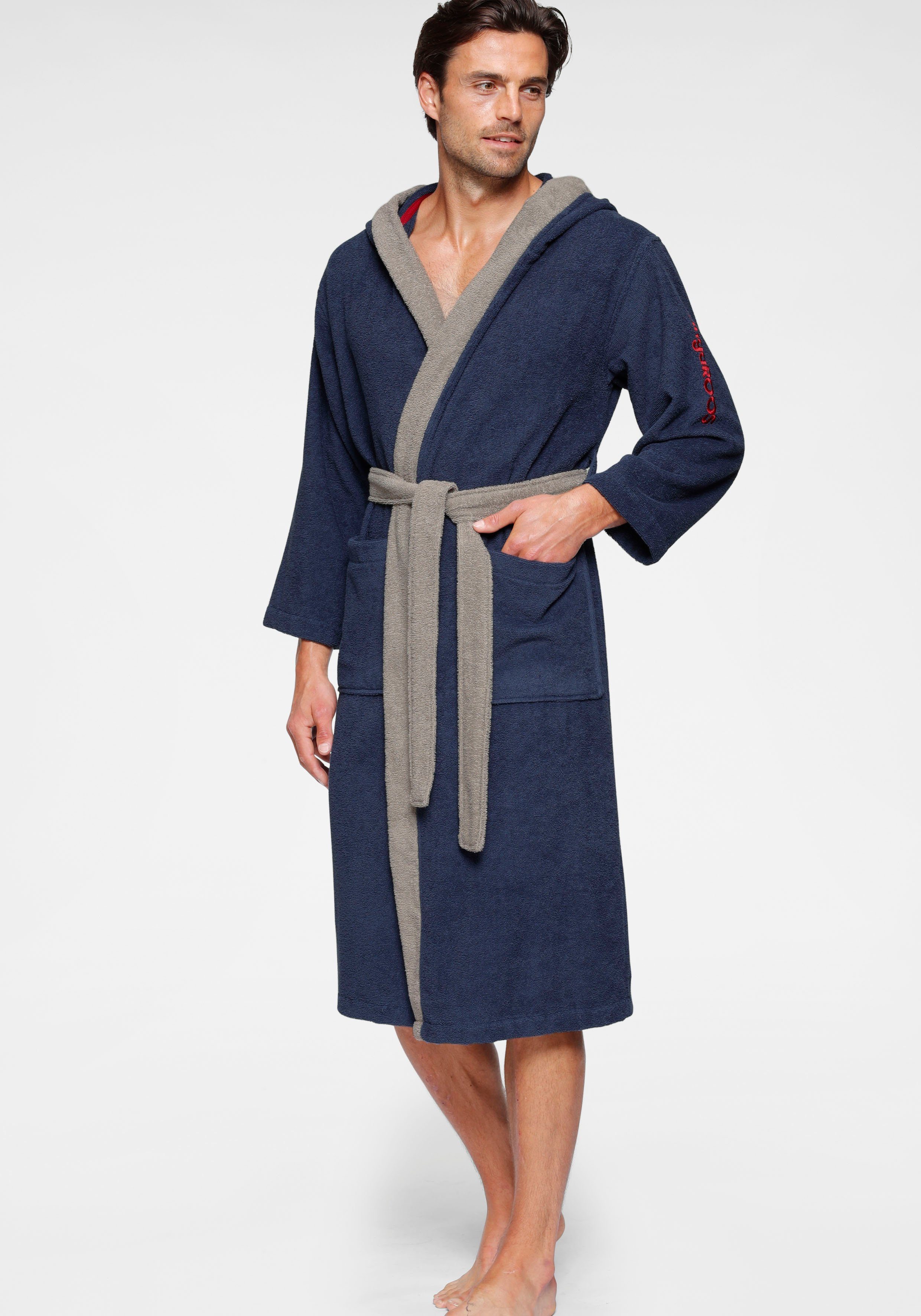 KangaROOS Unisex-Bademantel Henry, ideal für Sauna & Spa, Hotelbademantel, Morgenmantel, Langform, Walkfrottee, Kapuze, Gürtel, Bademäntel für Damen & Herren, Logostickerei, S-3XL