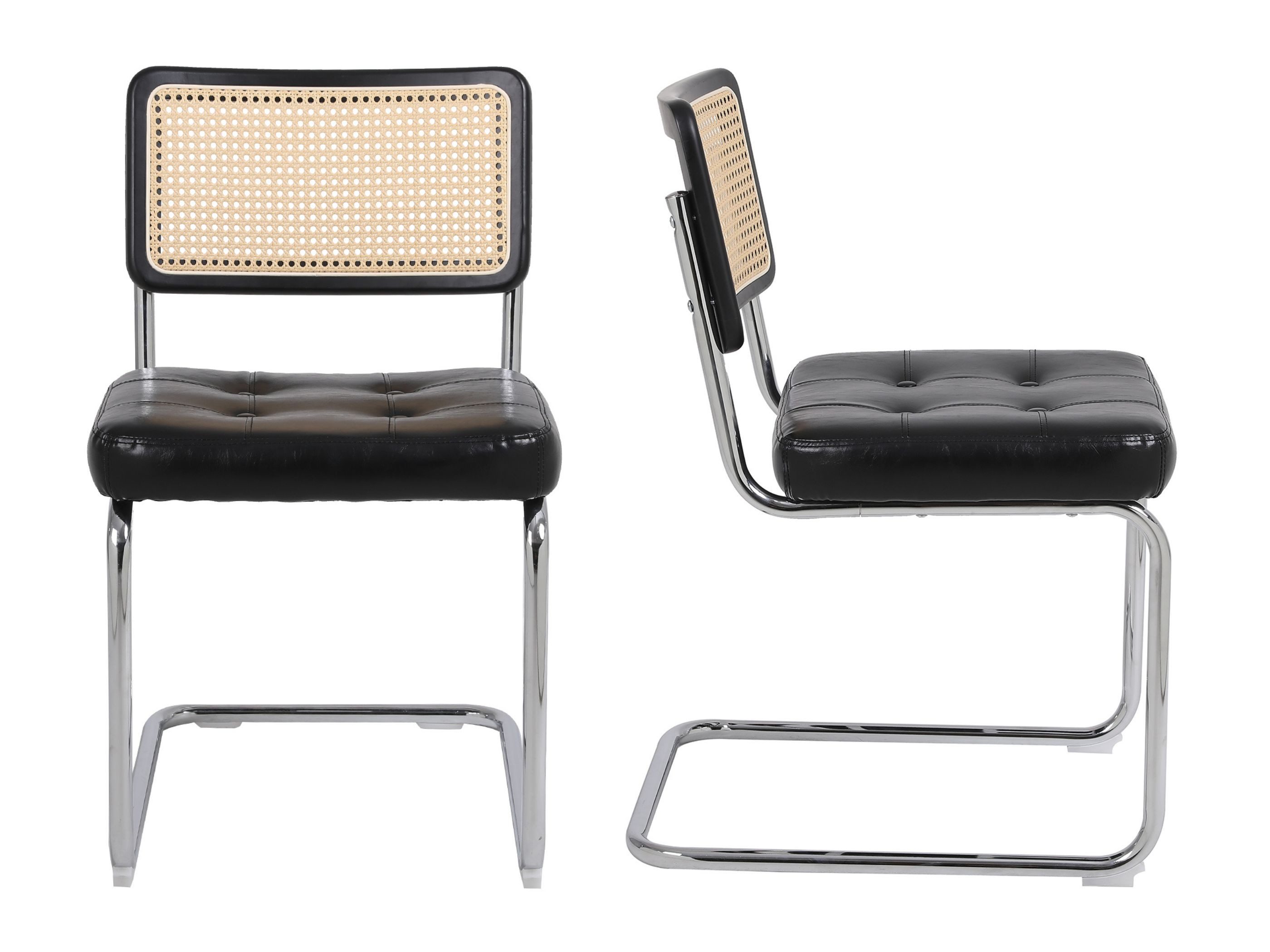SeedWave Freischwinger mit Mid-Century Modern Design, Set aus 2, Chrom Beschichtet, Gepolsterter Kunstledersitz, handgefertigte geflochtene PE Rattan