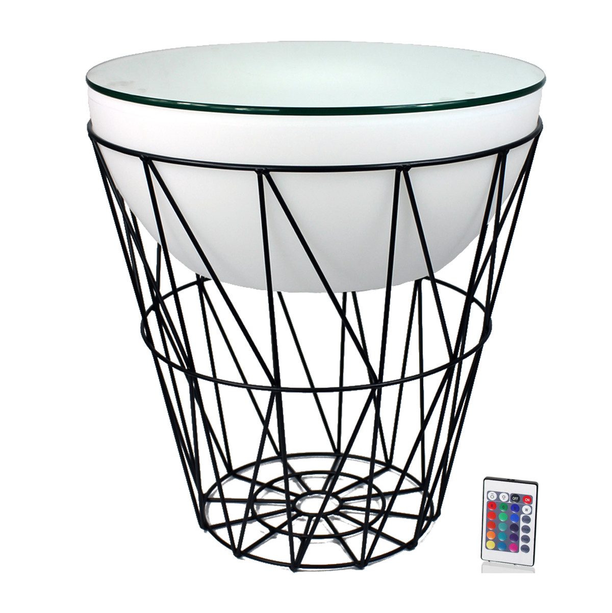 Arnusa Couchtisch LED Beistelltisch beleuchtet rund Korbtisch Metall 50x56 cm, Tisch mit Fernbedienung kabellos nutzbar RGB+W Lounge