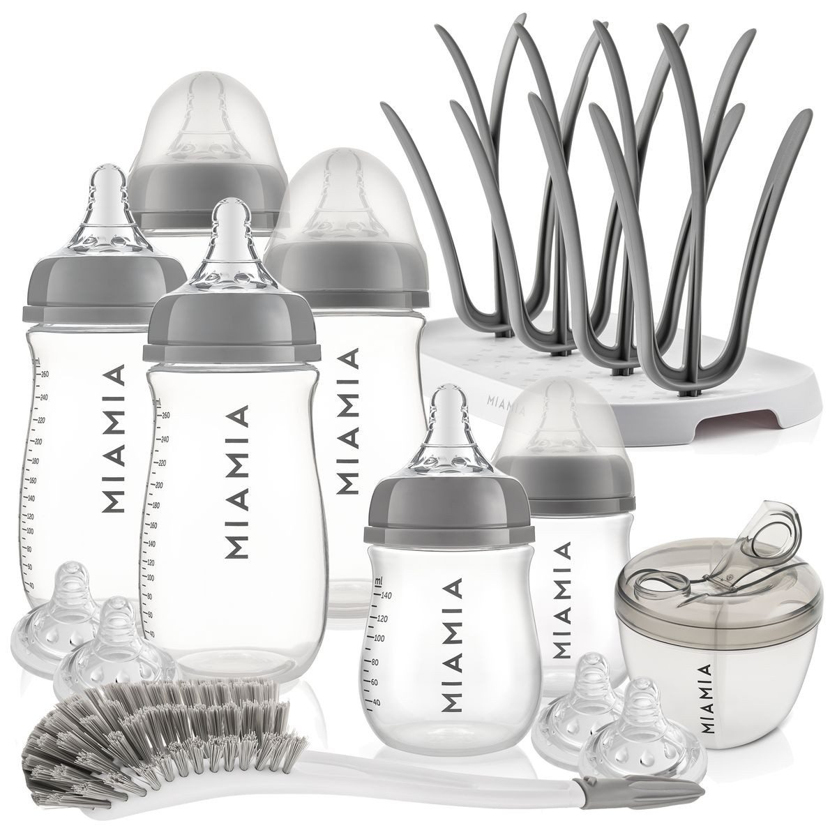 MiaMia Babyflasche Starter Set, 6 PP-Flaschen, Trinksauger, Milchportionierer, Bürste, Abtropfständer