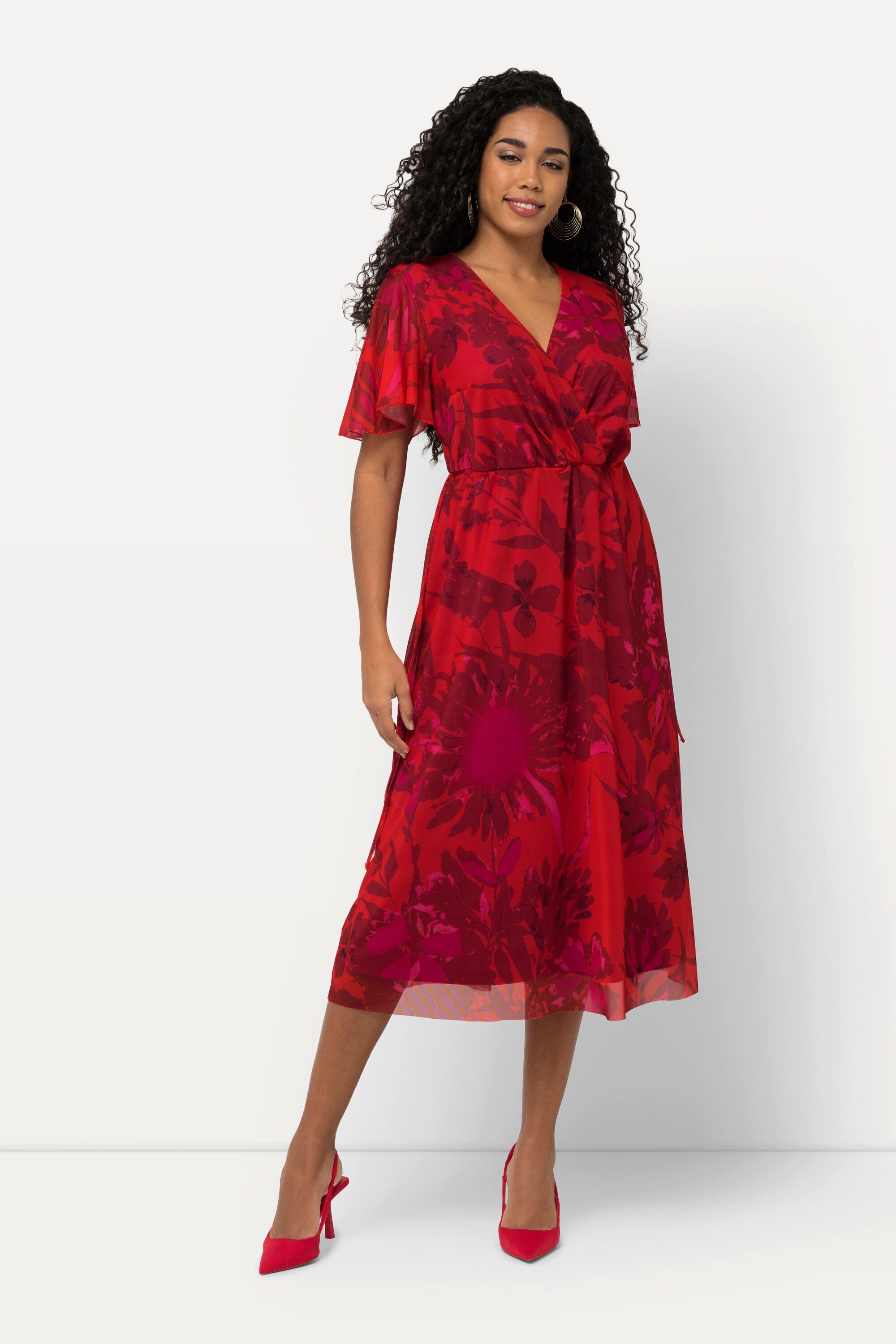 Ulla Popken Abendkleid Meshkleid Blüten V-Ausschnitt Halbarm Maxikleid