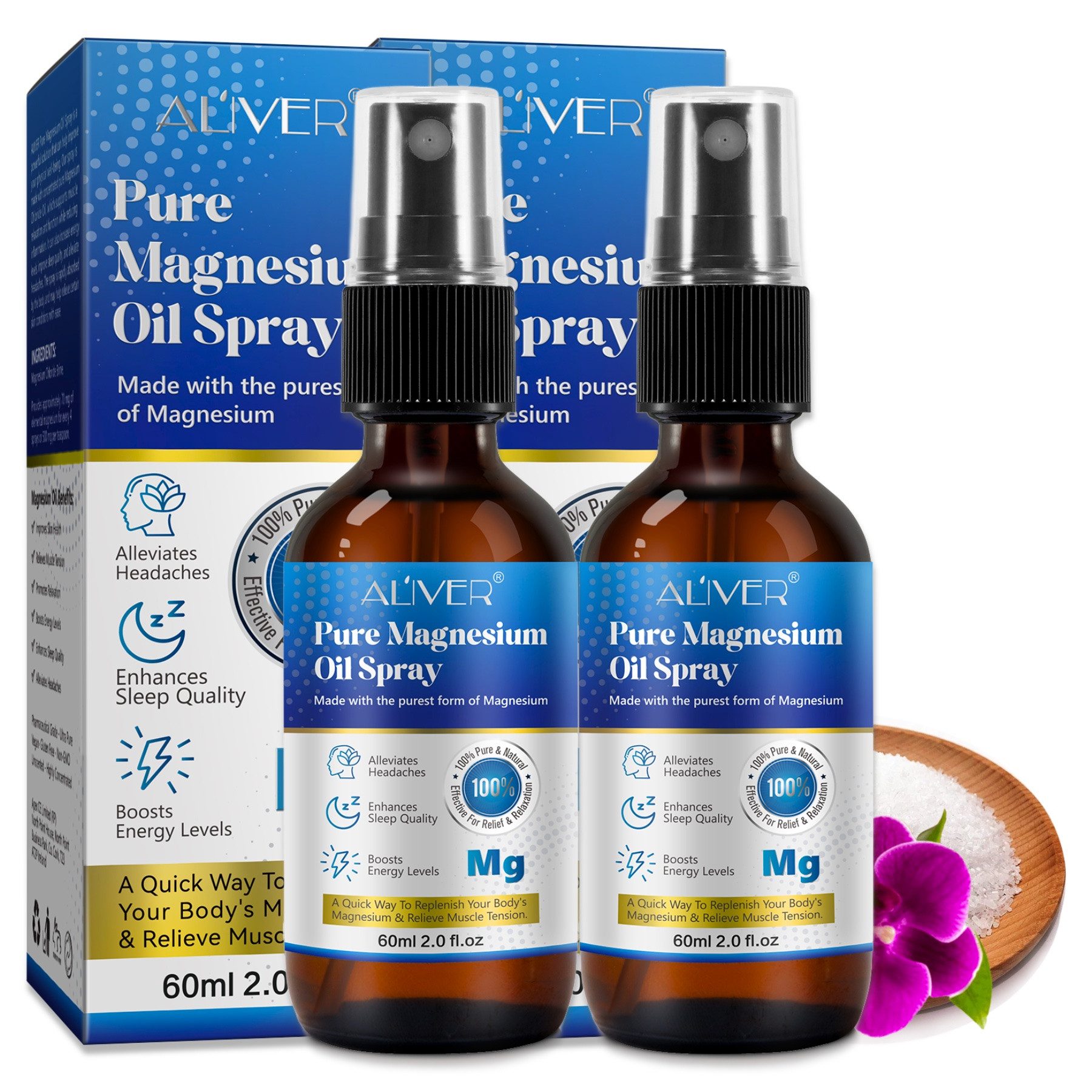 ALIVER Gesichts- und Körperspray Pure Magnesiumöl Spray für Sport Muskel Entspannung 60ml, 2-tlg., 60ML