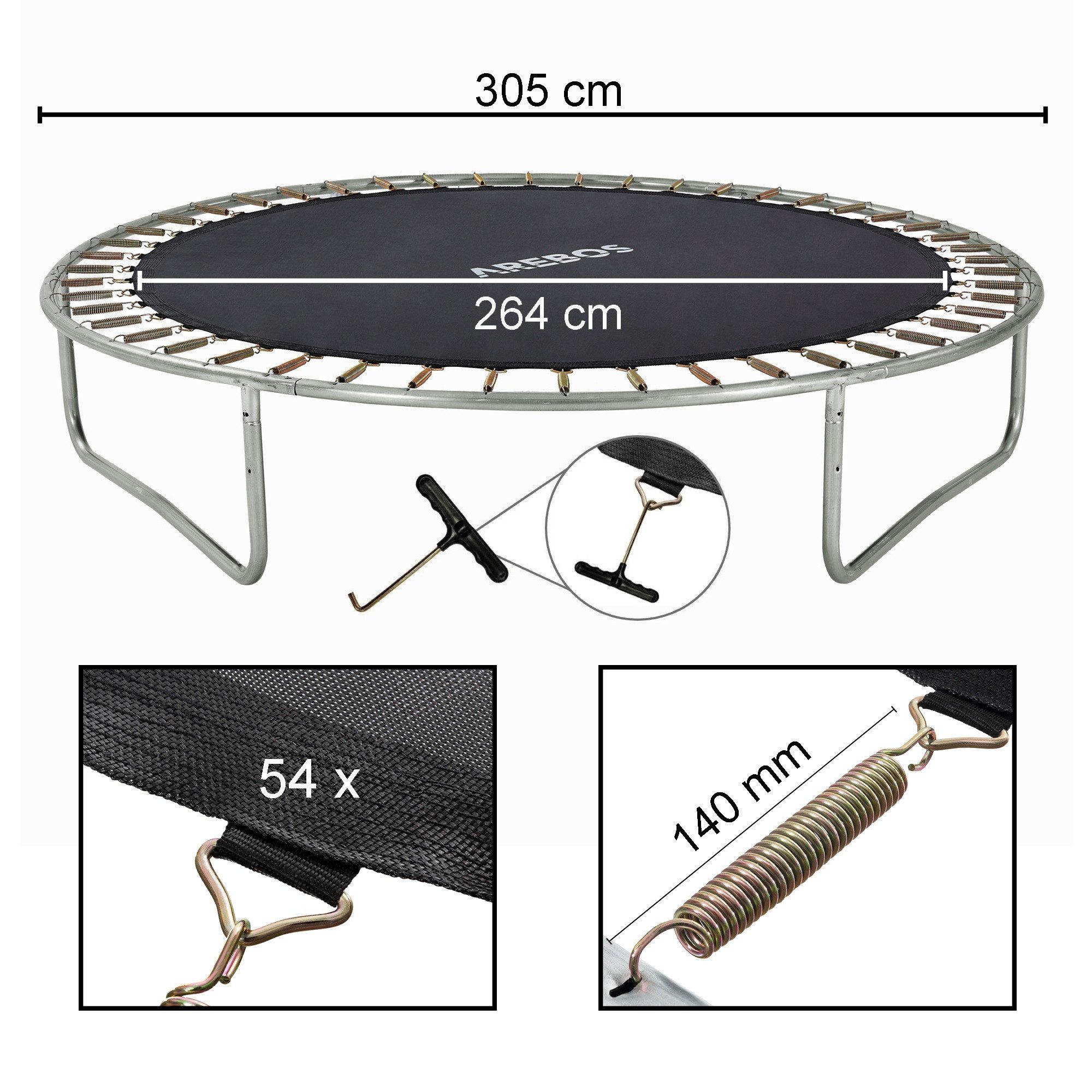 Arebos Hochsprungmatte für Trampolin Gestell Ø 305 cm 54 Ösen 140 mm Federn, Maximale Belastbarkeit: 150 kg