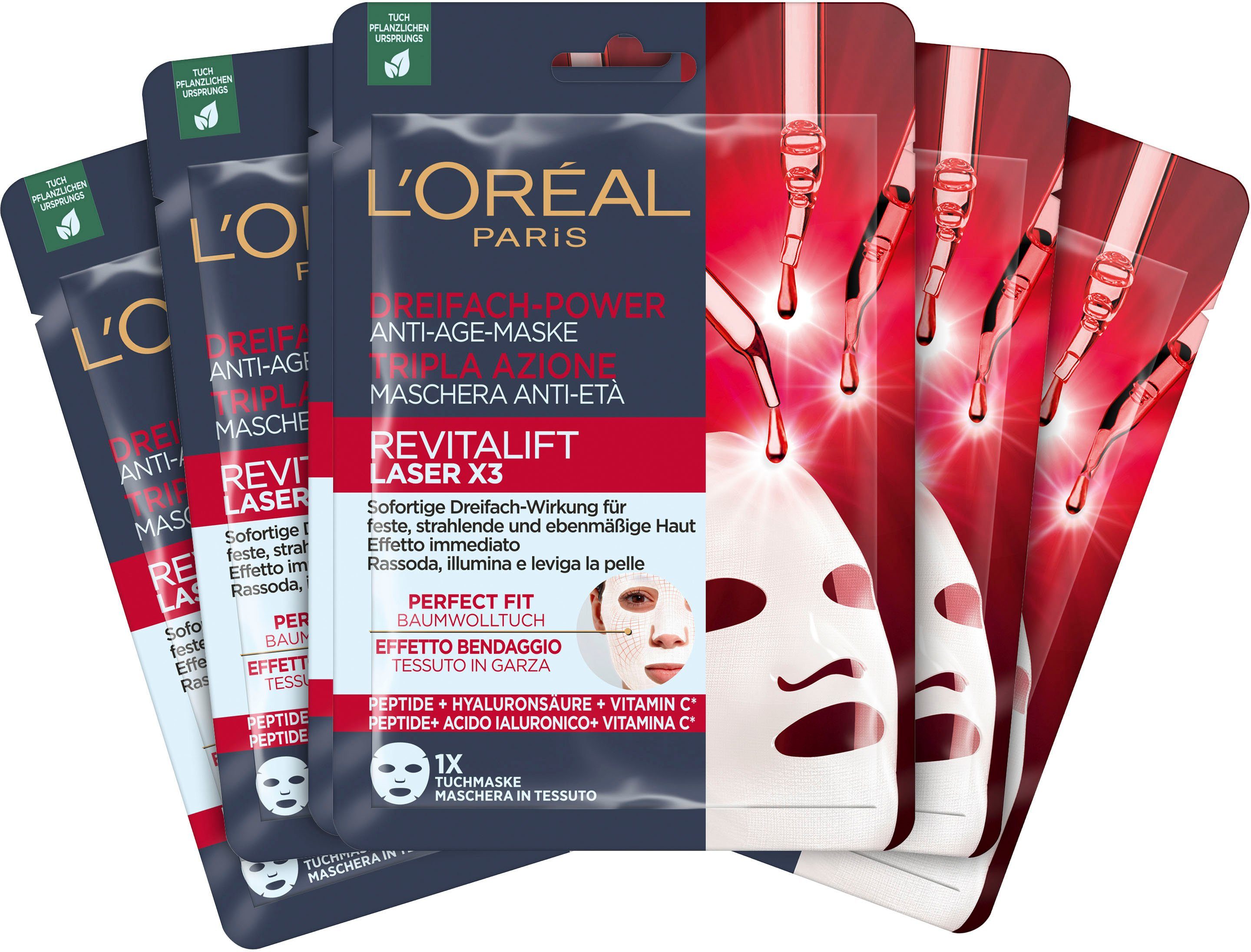 L'ORÉAL PARIS Gesichtsmaske Set: 5x Revitalift Laser Tuchmasken, mit hoher Wirksamkeit